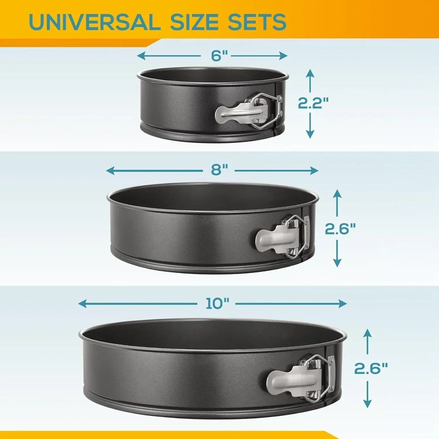 Set of three nonstick springform cake pans in sizes 6", 8", and 10" with leakproof clasps