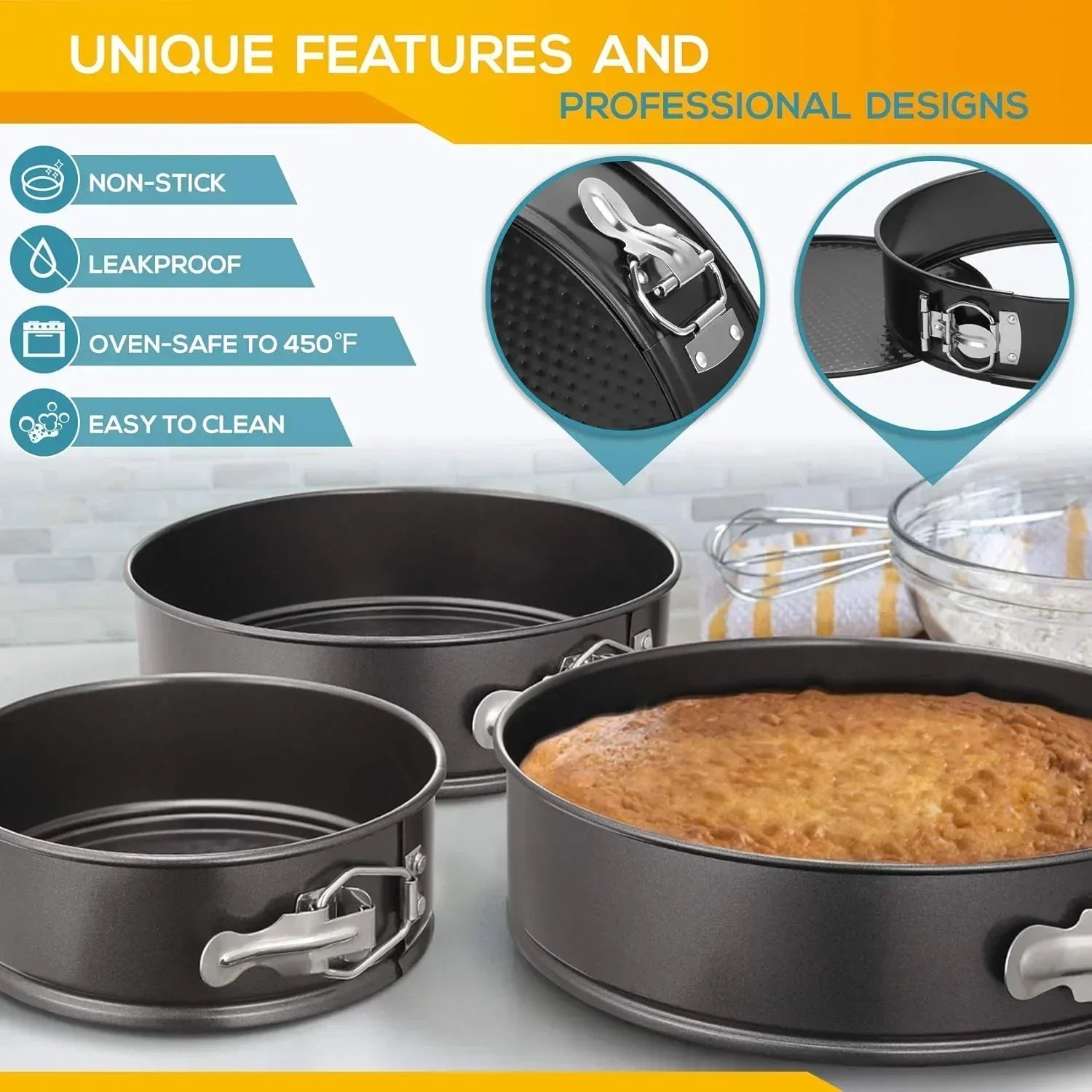 Set of three non-stick springform cake pans with leakproof latches, one with baked cake