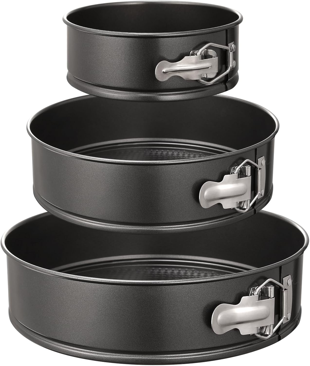 Three nonstick springform cake pans in 6, 8 and 10 inch sizes arranged together.