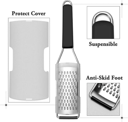Stainless steel grater with black handle, protective cover, anti-skid foot, and hanging loop