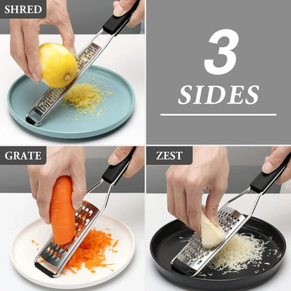 3-piece stainless steel kitchen grater and zester set shredding lemon, grating carrot, zesting cheese