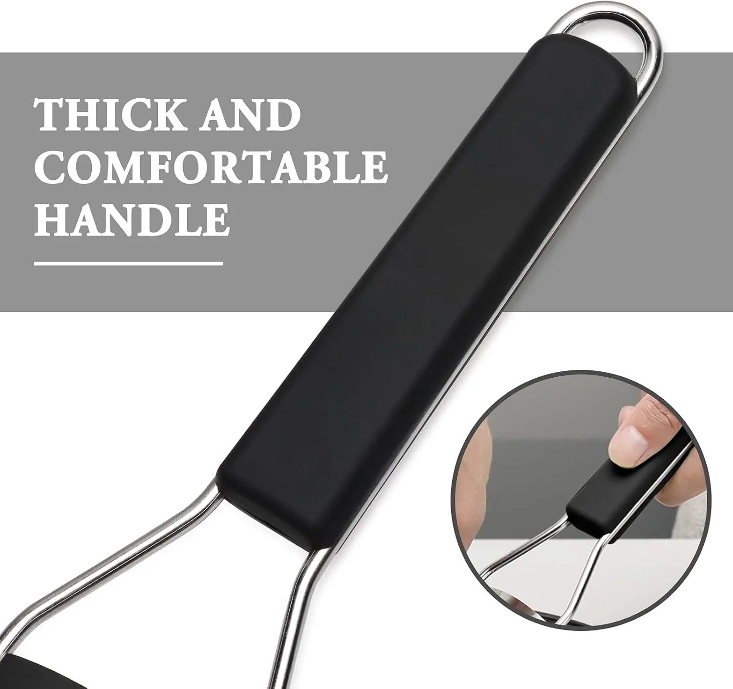 Close-up of a kitchen tool with a thick black comfortable handle and stainless steel frame