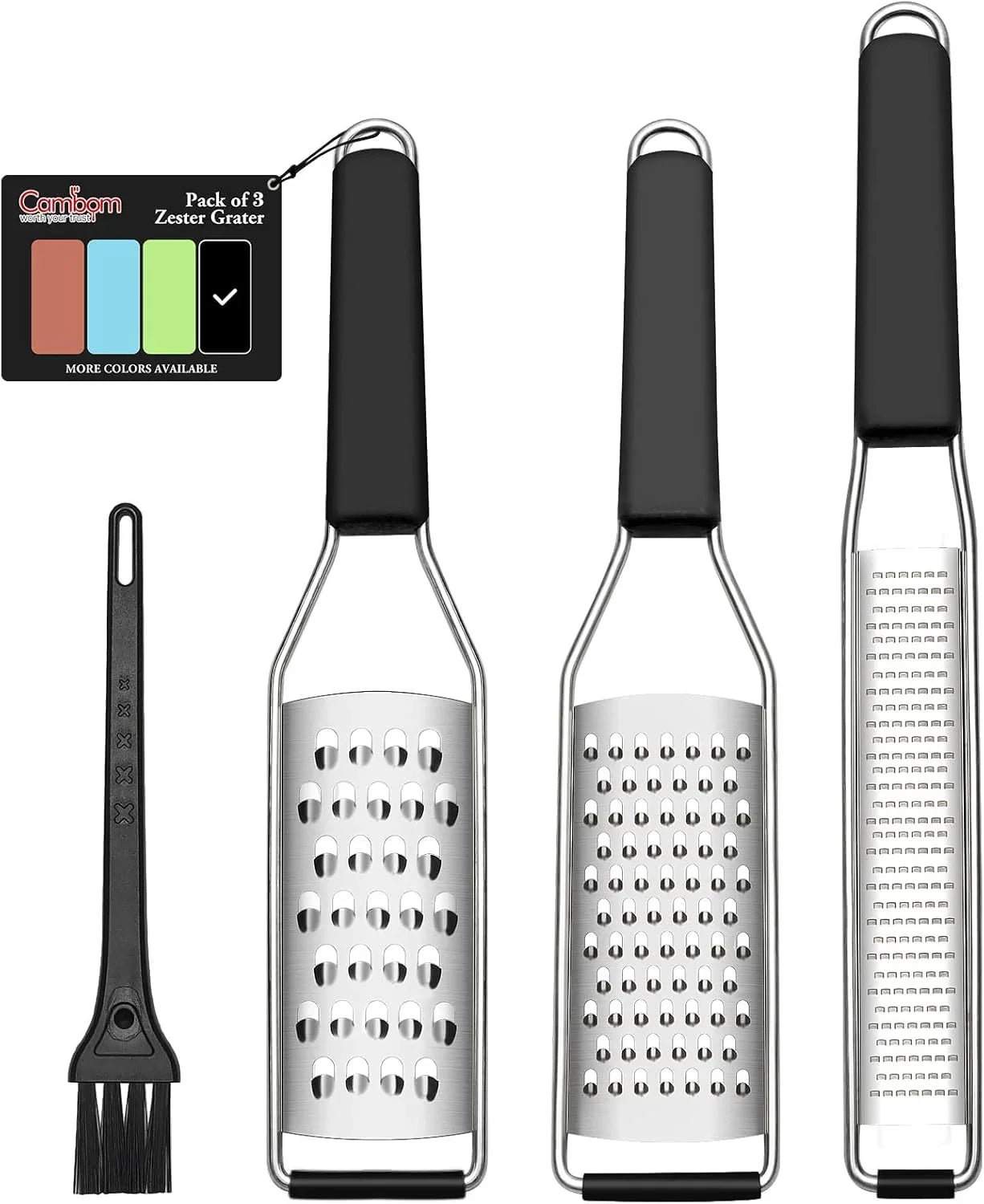 3-piece stainless steel lemon zester and grater set with black handles and cleaning brush