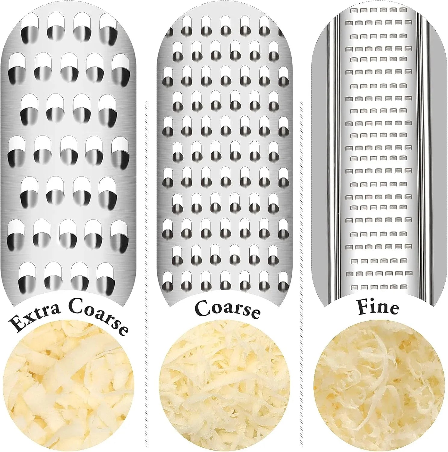 Three stainless steel grater blades labeled extra coarse, coarse, and fine with corresponding grated textures