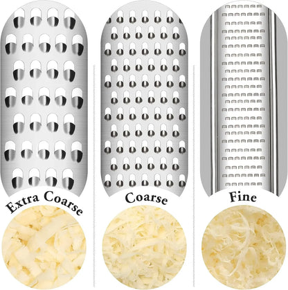 Three stainless steel grater blades labeled extra coarse, coarse, and fine with corresponding grated textures