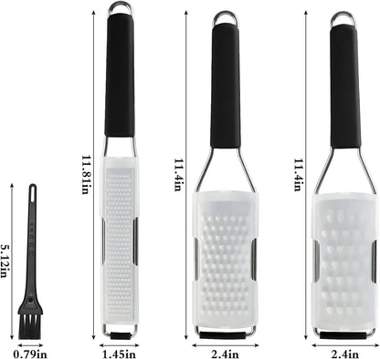 3-piece stainless steel lemon zester and grater set with black handles and protective covers plus cleaning brush
