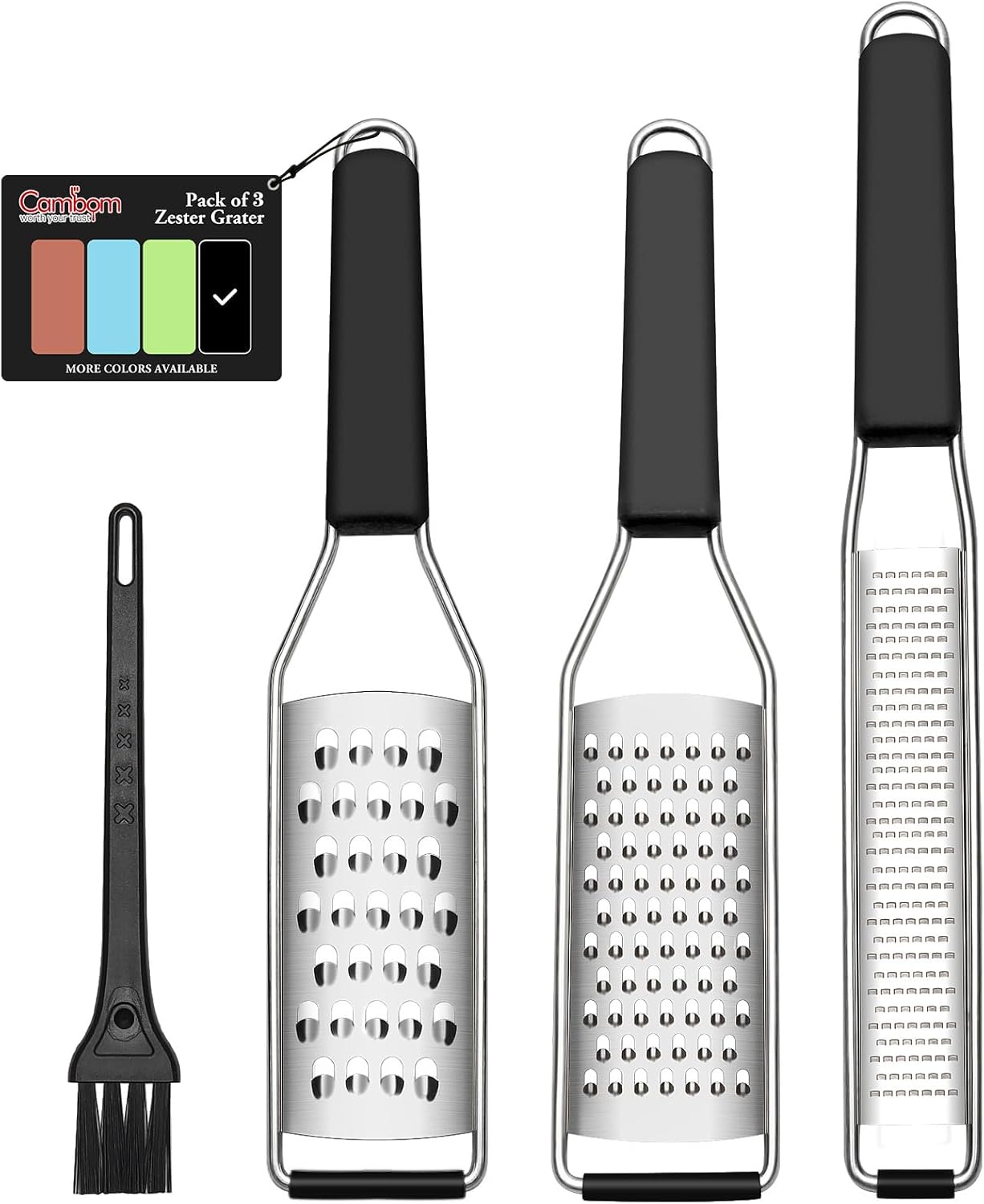 Three-piece stainless steel lemon zester and grater set with fine, coarse and extra coarse blades.