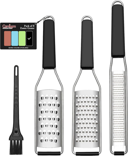 Three-piece stainless steel lemon zester and grater set with fine, coarse and extra coarse blades.