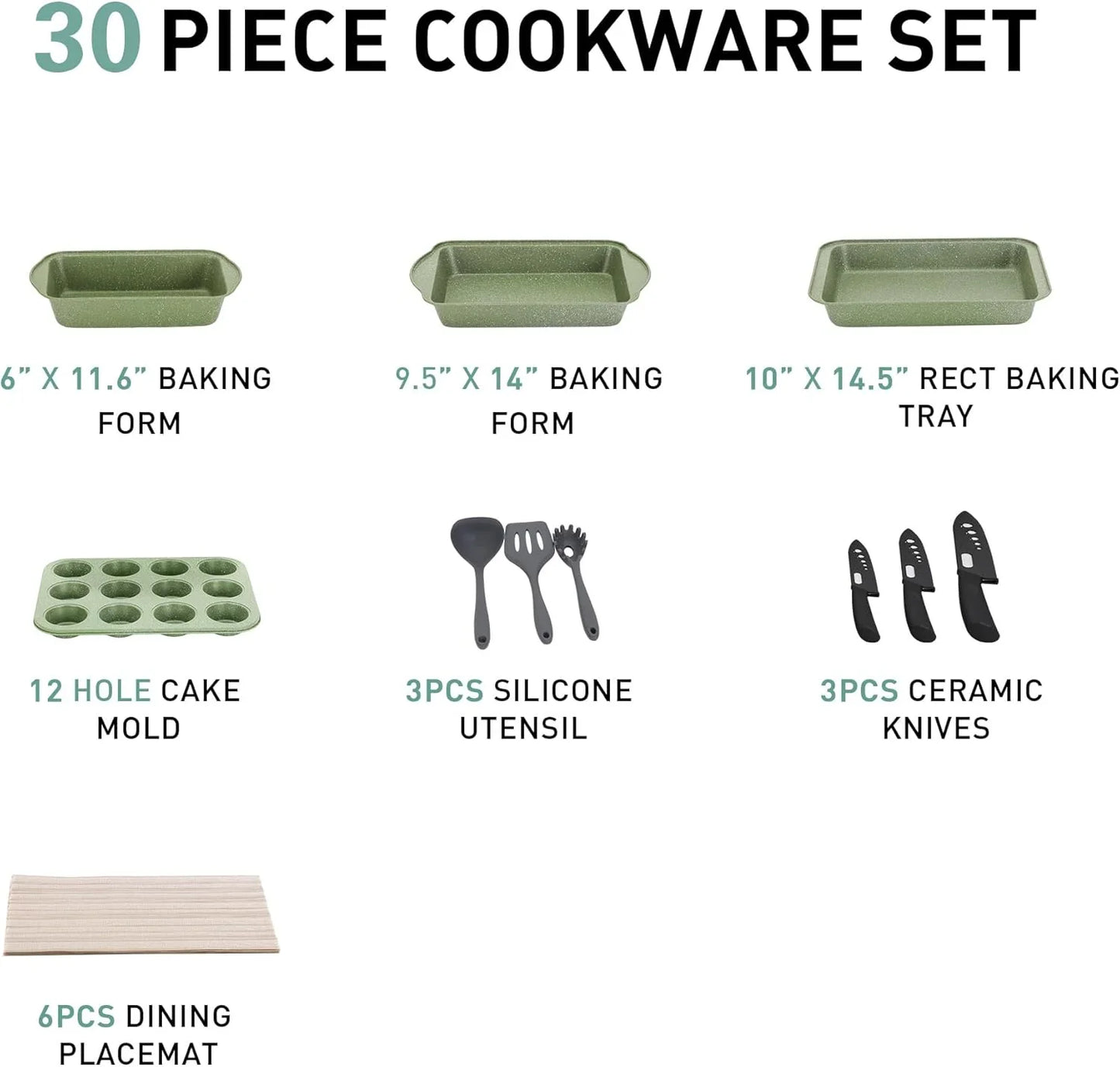 30-Piece Nonstick Granite Cookware & Bakeware Set, Green