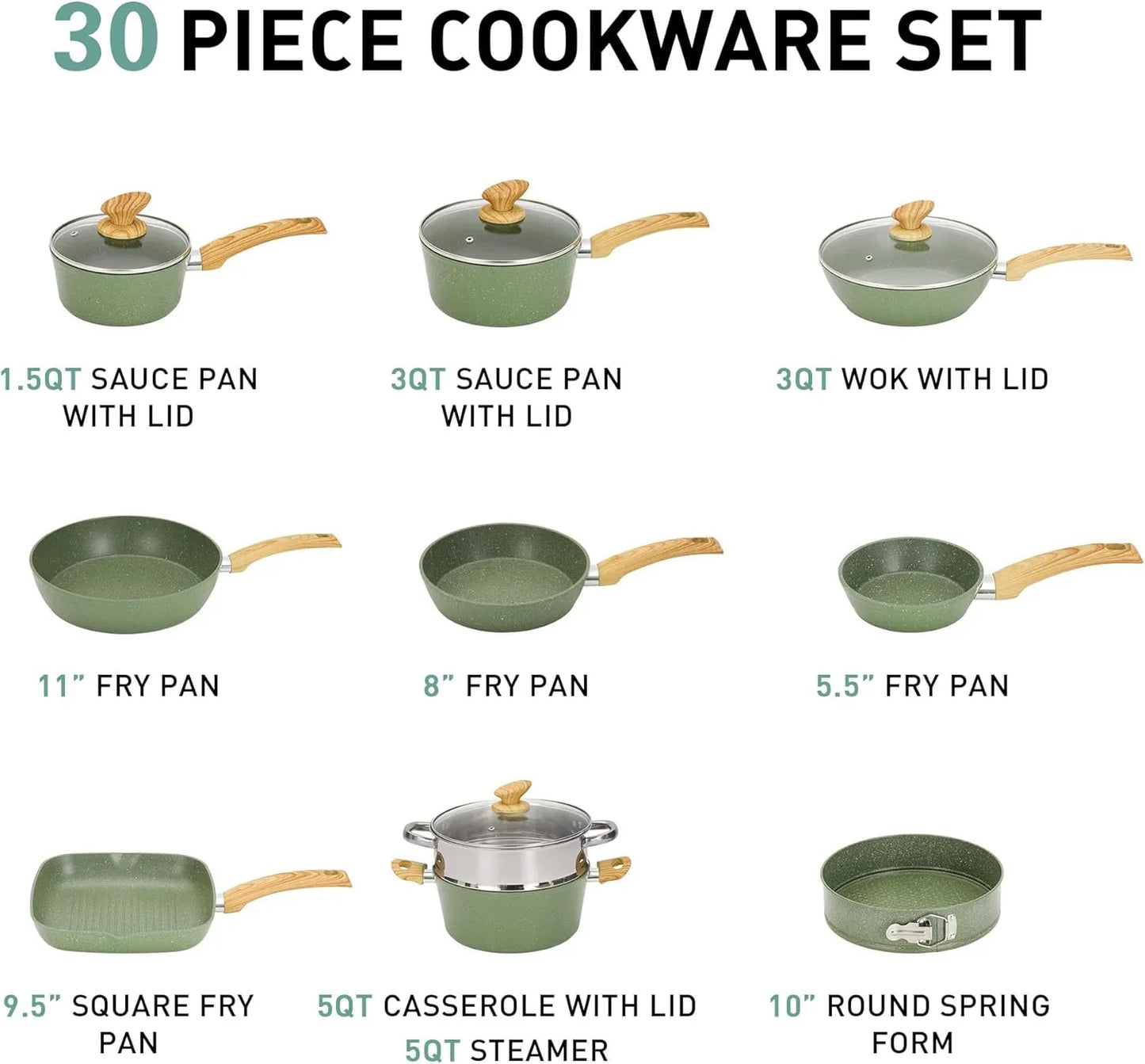 30-Piece Nonstick Granite Cookware & Bakeware Set, Green