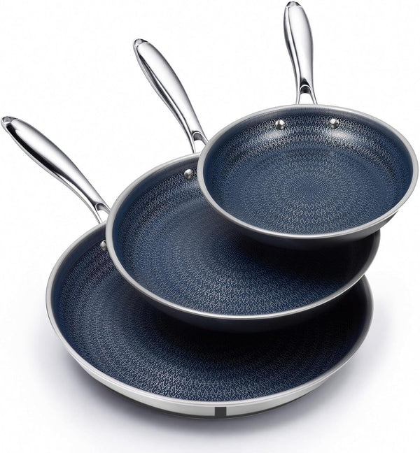 3 Pcs Non Stick Frying Pans Set, 8", 10", 12" Stainless Steel Pans | Skillet and Frying Pans Nonstick, Stay Cool Handle, PFOA/PFAS/PTFE Free, Dishwasher & Oven Safe, Induction Compatible, Blue1