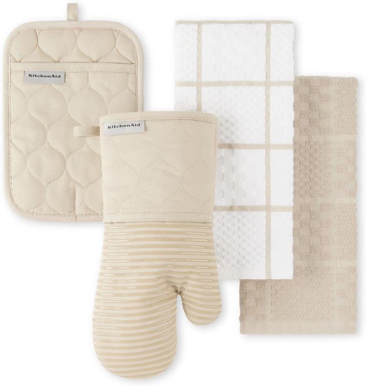 Quilted Cotton Terry Cloth Oven Mitt, Pot Holder, Kitchen Towel 4-Pack Set, Heat Resistant, Silicone Grip, 16"X26", 7"X13" & 7"X10", Milkshake Tan