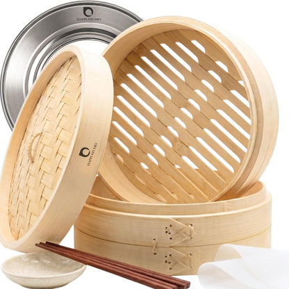 Bamboo Steamer Basket 10 Inch, Extra Deep Dumpling Steamer Set | Incl. Silicone Liners & Steel Ring, Steam Basket for Pot & Wok. Vegetable & Food Steamer for Dim Sum, Bao Buns1