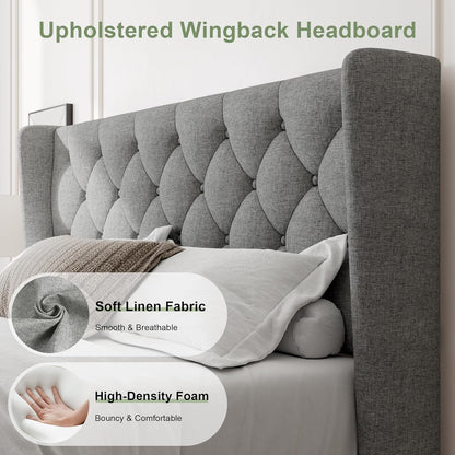 Queen Bed Frame with Upholstered Wingback Headboard, Platform Bed and Heavy Duty Wooden Slats Support, Easy Assembly, Noise-Free, No Box Spring Needed, Light Gray3