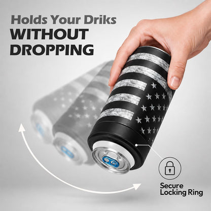 4-In-1 Slim Can Cooler Easy to Hold Insulated Beer Can Holder Double-Walled Stainless Steel for All 12 Oz Cans Black America Flag 24