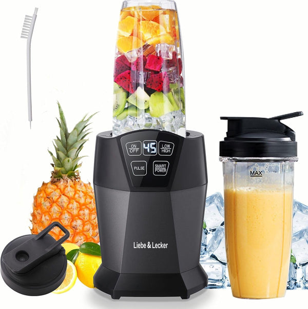 Personal Blender with 1200W-Peak-Watts, Smoothie Blender Smart Technology for Frozen Drinks, Shakes, Smoothies & Sauces, with Two 28-Oz To-Go Cups & Spout Lids, Black (2 * 28Oz Cups)1