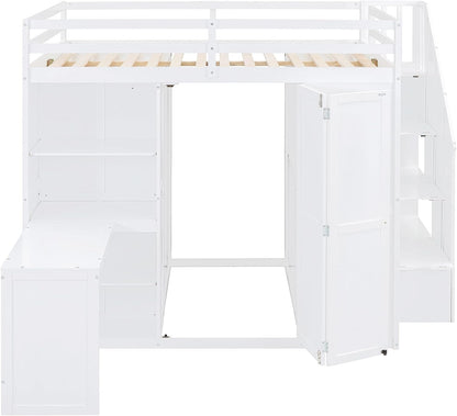 Full Size Loft Bed, Wood Bedframe with Wardrobe, Storage Stairs, Desk and Shelves for Kids Teens Adults Bedroom, White5