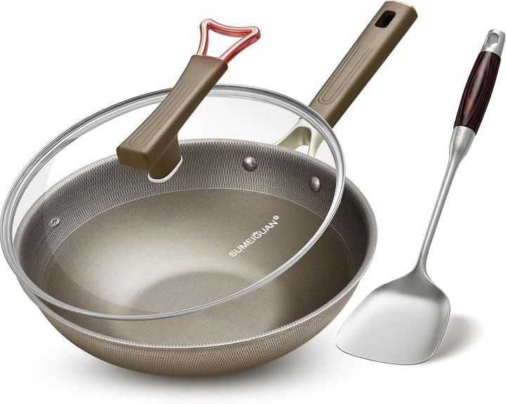 13" Titanium Wok Pan with Lid,Non-Stick Flat Bottom Titanium | PFAS & PFOA Free,Non-Toxic, Fits Induction & Gas Stoves,Traditional Chinese Pan for Stir Fry