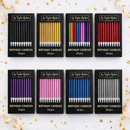 Gold Birthday Candles with Holders, 24 Pack – Long Thin Metallic Cake Candles for Birthday, Cupcakes & Party Decorations10
