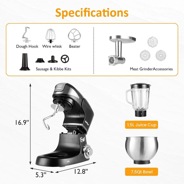6-In-1 Multifunctional Stand Mixer, 6.5QT Tilt-Head Dough Mixer, Electric Stand Mixer with Stainless Steel Bowl for Cake, Bread, and Dough, with Meat Grinder, Juice Blender & Pasta Maker3
