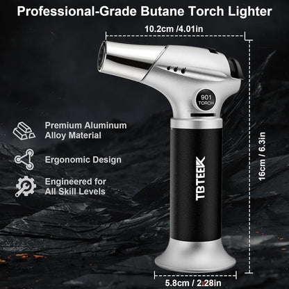 Kitchen Butane Torch with Safety Lock for Baking, Crafts & Steak | 2500°F Adjustable Continuous Flame, One-Button Piezo Ignition, Ergonomic Comfort Grip, 3 Refill Adapters(Butane Not Included)3