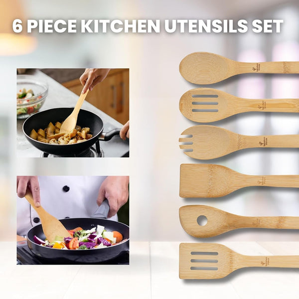 6 Piece Kitchen Utensils Set - Bamboo Cooking Utensils with Comfort Grip, Including Bamboo Spoons, Shovels & Spatulas | Wooden Utensil Set for Non-Stick Pans, Kitchen Essentials3