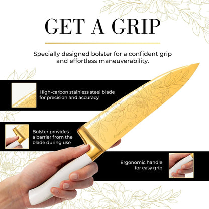 White and Gold Knife Set with Elegant Floral Pattern, 14-PC | Golden Titanium-Coated Stainless Steel Gold Knives with Block, Ultra-Sharp, Durable Kitchen Knife Block Set6
