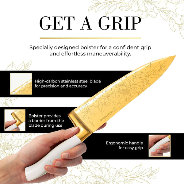 White and Gold Knife Set with Elegant Floral Pattern, 14-PC | Golden Titanium-Coated Stainless Steel Gold Knives with Block, Ultra-Sharp, Durable Kitchen Knife Block Set6