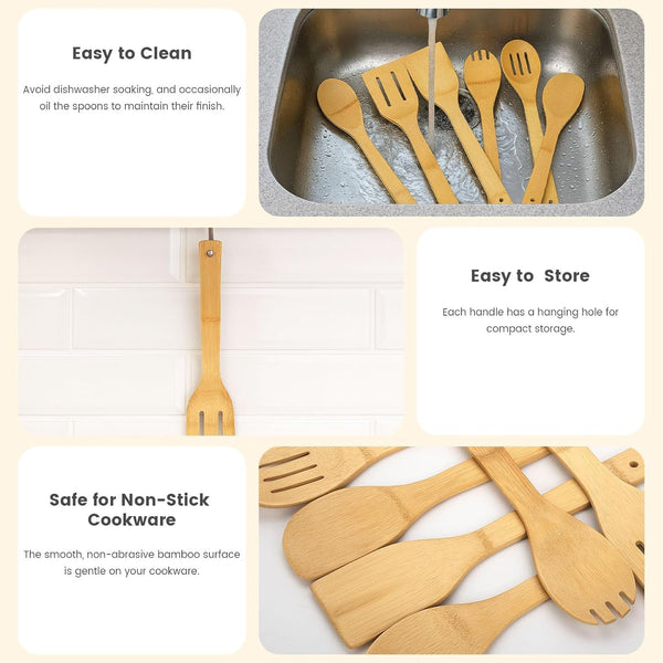 Bamboo Wooden Spoons for Cooking 6-Piece, Nonstick Bamboo Kitchen Utensils Set Wood Spatulas Spoons for Daily Use, Housewarming Gifts4