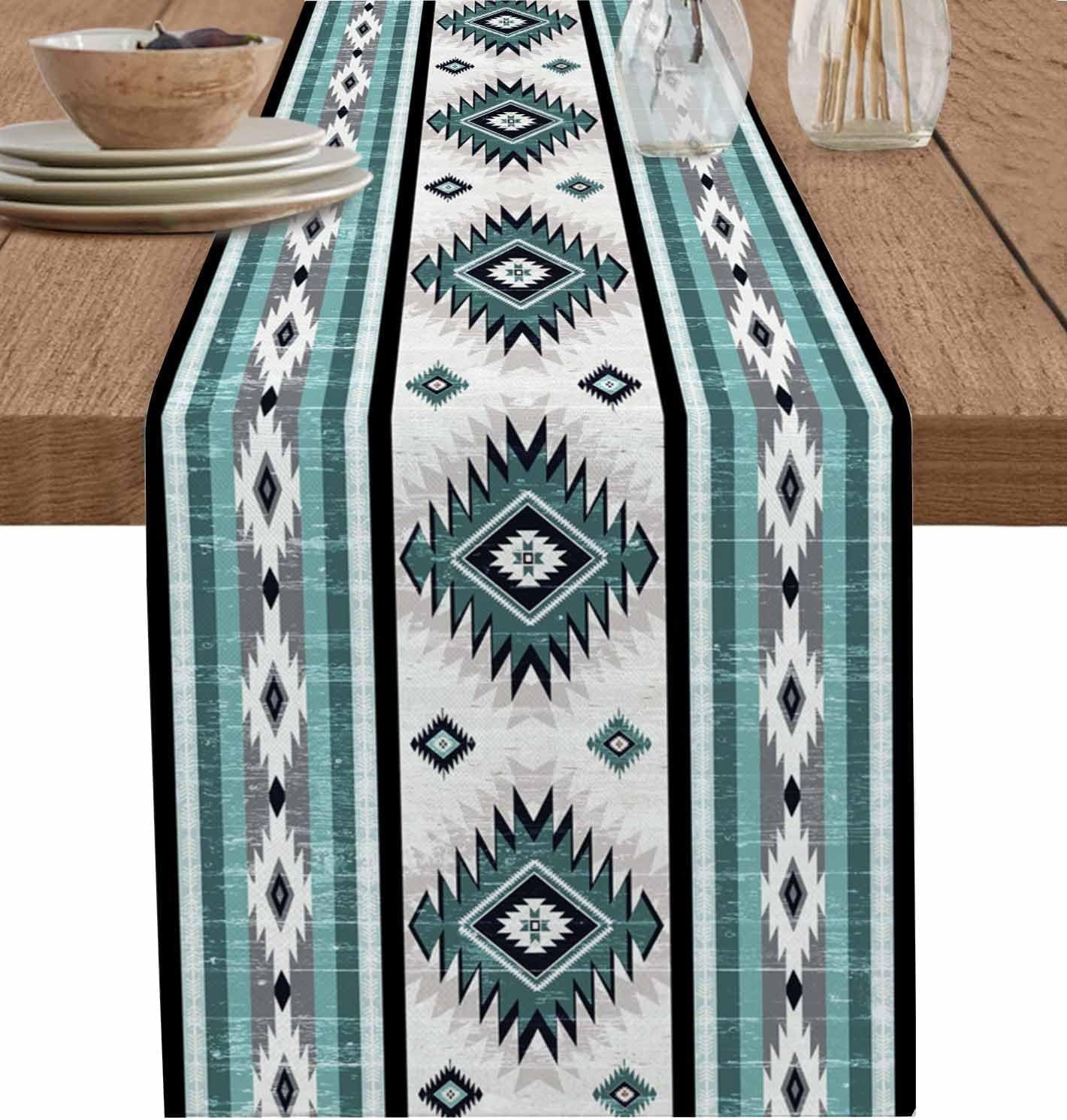 turquoise-aztec-table-runner-36-inches-long-for-dining-decor-southwestern-native-american-indian-print-burlap-linen-farmhouse-table-runner-washable-coffee-tablerunners-dresser-scarf-for-kitchen-party