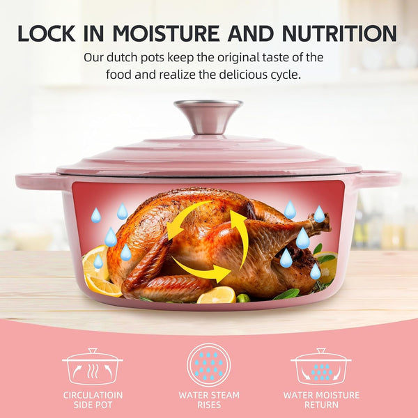 6 Quart Dutch Oven Enameled Cast Iron with Lid - Big Dual Handles - Oven Safe up to 500°F - Classic round Pot for Versatile Cooking Pink5