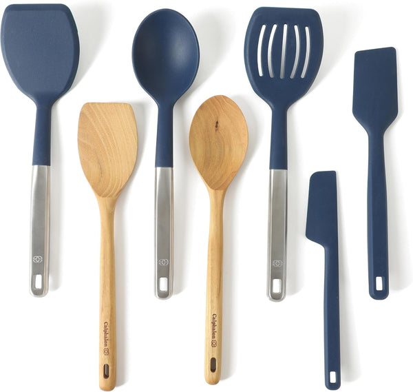 Calphalon Prime 7-Piece Silicone and Teak Wood Kitchen Tool Set, Stainless Steel Kitchen Utensil Set, Kitchen Spoon and Spatula Set, Heat Resistant Non-Slip Kitchen Gadgets Set - Navy Blue1