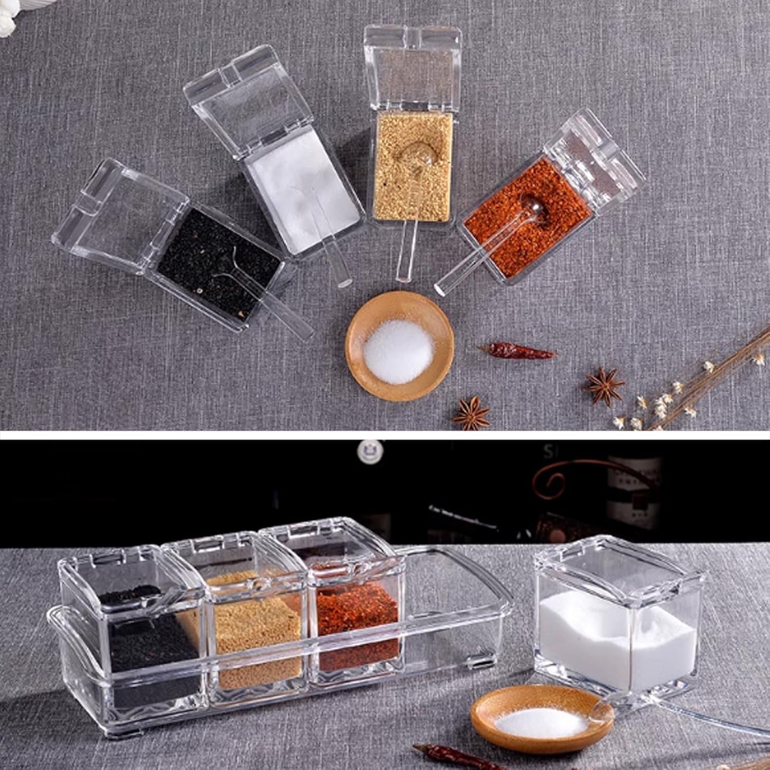 4-cell-clear-seasoning-rack-spice-box-storage-container-condiment-jars-acrylic-seasoning-box-with-cover-and-spoon