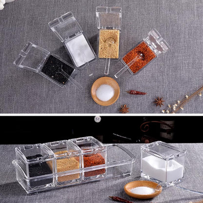 4-Cell Clear Seasoning Rack Spice Box Storage Container Condiment Jars Acrylic Seasoning Box with Cover and Spoon5