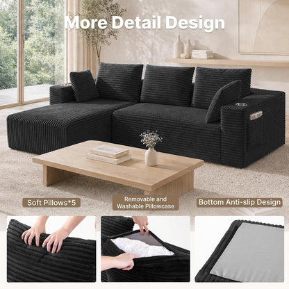 95"Boneless Couch, L Shaped Couch with Chaise & Cup Holders & Pocket6