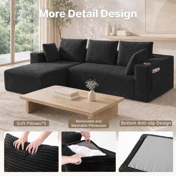 95"Boneless Couch, L Shaped Couch with Chaise & Cup Holders & Pocket6