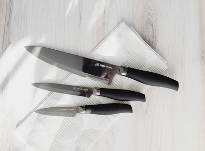 3-Piece Kitchen Knife Set - Black Nonstick Titanium Plated Stainless Steel Ultra Sharp 8 Inch Chef, 5 Inch Utility, 3.5 Inch Paring Cooking Knives with Matching Sheaths5