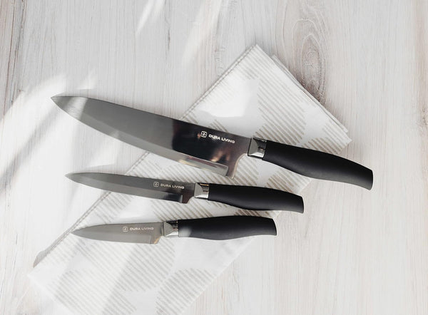 3-Piece Kitchen Knife Set - Black Nonstick Titanium Plated Stainless Steel Ultra Sharp 8 Inch Chef, 5 Inch Utility, 3.5 Inch Paring Cooking Knives with Matching Sheaths5