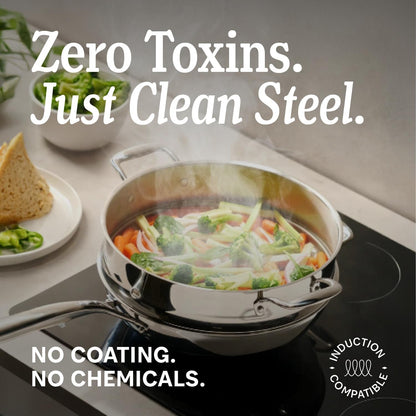 5-Ply Stainless Steel 12-Inch Frying Pan with Lid - Induction Compatible, Oven Safe 800°F - Non-Toxic, No Coatings - Even Heating, Won'T Warp - Built to Last Generations2