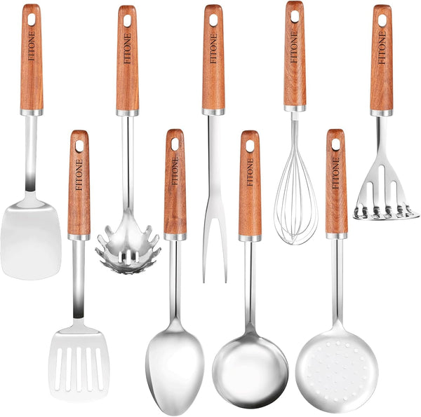 9PCS Stainless Steel Kitchen Utensils Set, Heavy Duty Wooden Handle Cooking Utensils, Metal Cookware Utensils with Spatula, Ladle, Skimmer, Spaghetti Spoon and Potato Masher, Easy to Clean1