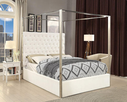 Meridian Furniture Porter Collection Modern | Contemporary Velvet Upholstered Bed with Deep Detailed Tufting and Chrome Canopy, White, Queen2