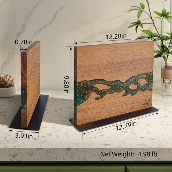 Magnetic Knife Block, Double-Sided Knife Holder with Strong Magnets, Acacia Wood and Golden Green Resin, Countertop Kitchen Knife Storage Stand (12 × 10 Inches, without Knives)3