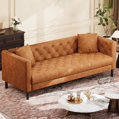 81" Leather Couch for Living Room, Chesterfield Sofa with Deep Seat, Handmade Button Tufted 3 Seater Sofa, Modern Leather Sofa for Apartment, or Office, Cognac Tan3