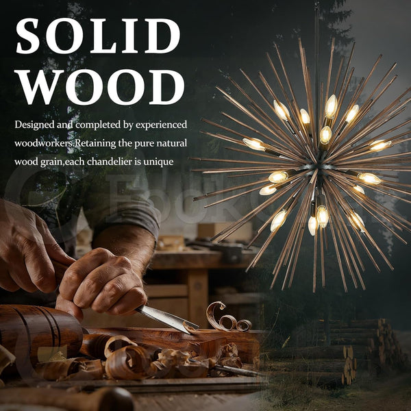 Large Wood Sputnik Chandeliers 16 Light Starburst Light Fixture Solid Wood3