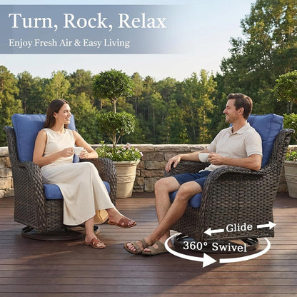6 Piece High Back Patio Furniture Set - All Weather Patio Conversation Set with 4 Inch Thick Cushions and Deep Seating Swivel Glider Chairs & Outdoor Couch for Porch Deck Yard Pool Brown Blue3