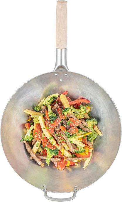 Carbon Steel Wok 1 Pack of 14 Inch Heavy-Duty Stir Fry Pan Silver Hand Hammered Wok Efficient Maneuvering Steel Helper Handle Uniform Heat Distribution Asian Cooking11