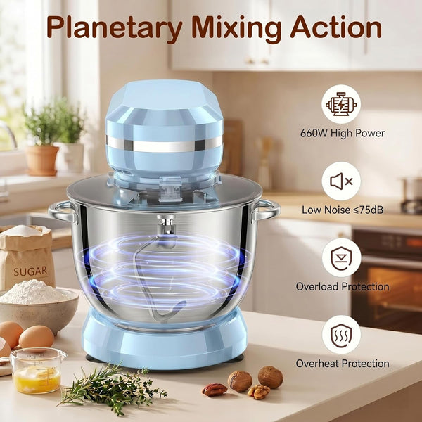 Stand Mixer, 6.5 Quart, 660W, Tilt-Head Food Mixer with 10+ Speeds, Stainless Steel, Multifunctional, for Bread Dough and Cake (Blue)2