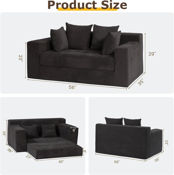 Convertible Sofa Bed, Boneless Loveseat Folding Couch Bed Foldable - 3 in 1 Small Ccouch & Futon Sofa Bed, Corduroy Pull Out Couch with 4 Pillows for Living Room, Black2