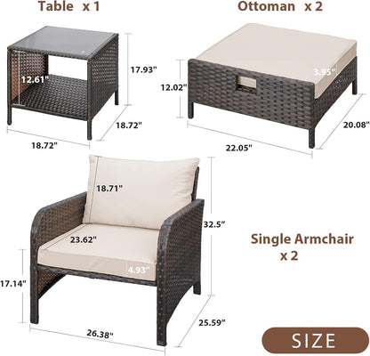 Balcony Furniture 5 Piece Patio Conversation Set, PE Wicker Rattan Outdoor Lounge Chairs with Soft Cushions 2 Ottoman&Glass Table for Porch, Lawn-Brown Wicker2