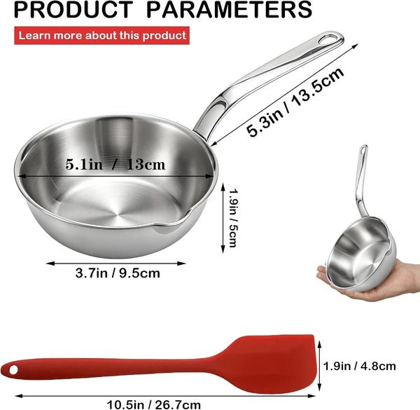 5.1 Inch Mini Egg Pan Stainless Steel Sauce Pan Omelet Pan with Pour Spout | 1/2 Quart Frying Pan, SUS304 Stainless Steel Mini Skillet for Egg Frying Pan, Butter Warmer, with 11" Scraper, Red2